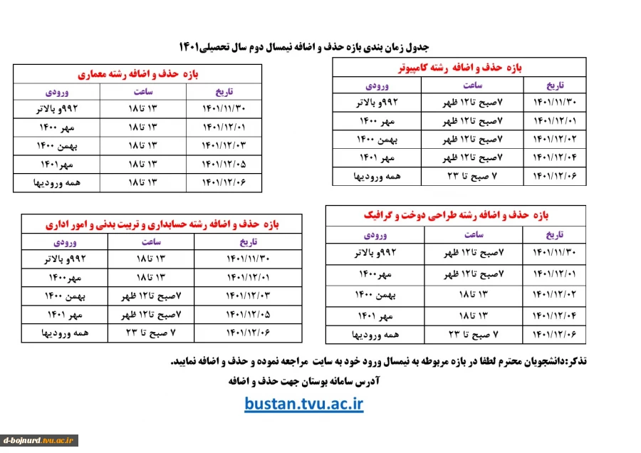 بازه زمانبندی حذف و اضافه نیمسال دوم 1401 2