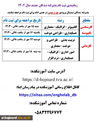 جدول زمانبندی ثبت نام پذیرفته شدگان جدید