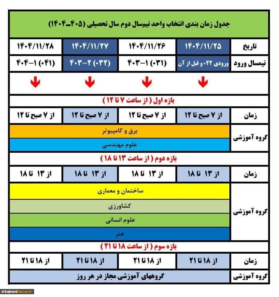 جدول زمانبندی انتخاب واحد نیمسال دوم  2