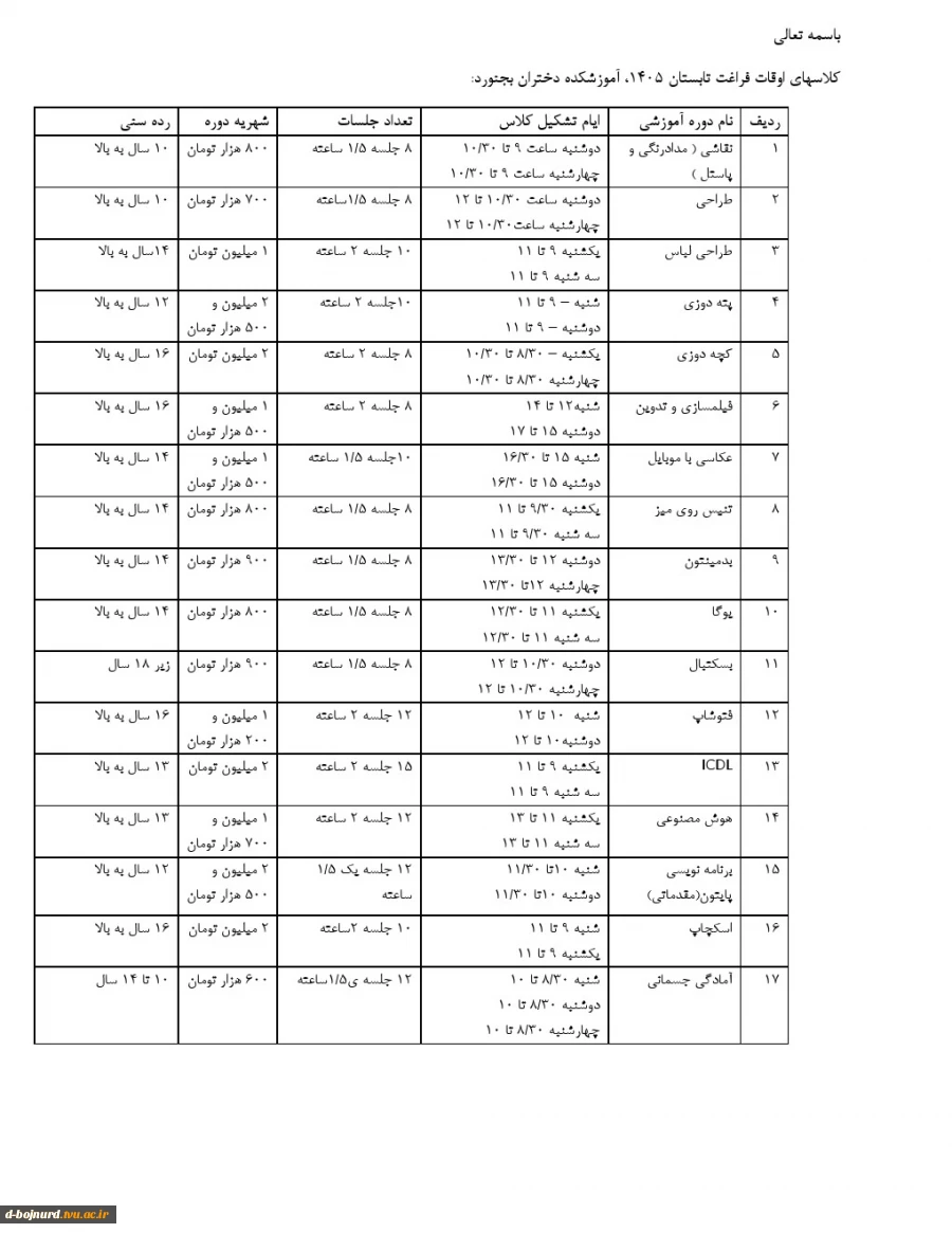 دوره های اوقات فراغت طرح تابستان آموزشکده دختران بجنورد